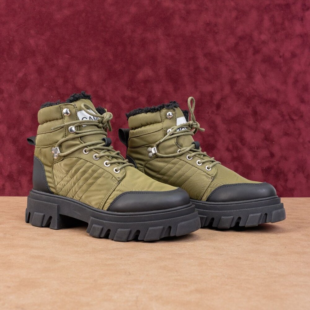 Ganni Women Cleated Olive Green Fabric Lace-up Ankle Boots sz 7-7.5US EUR38